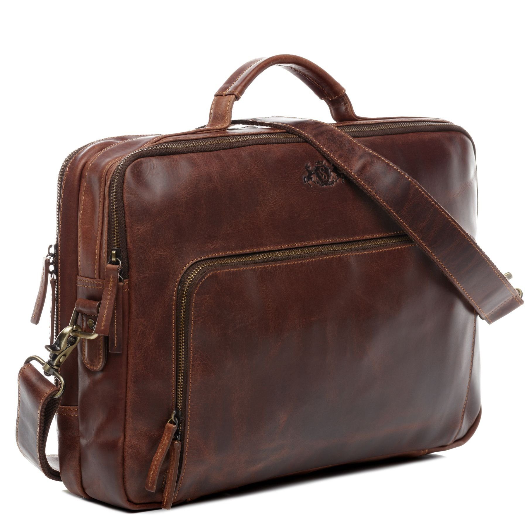 SID & VAIN Laptoptasche Leder Businesstasche Unisex SIMON, Laptoptasche 15,4 Zoll, Aktentasche Echtleder Damen Herren braun