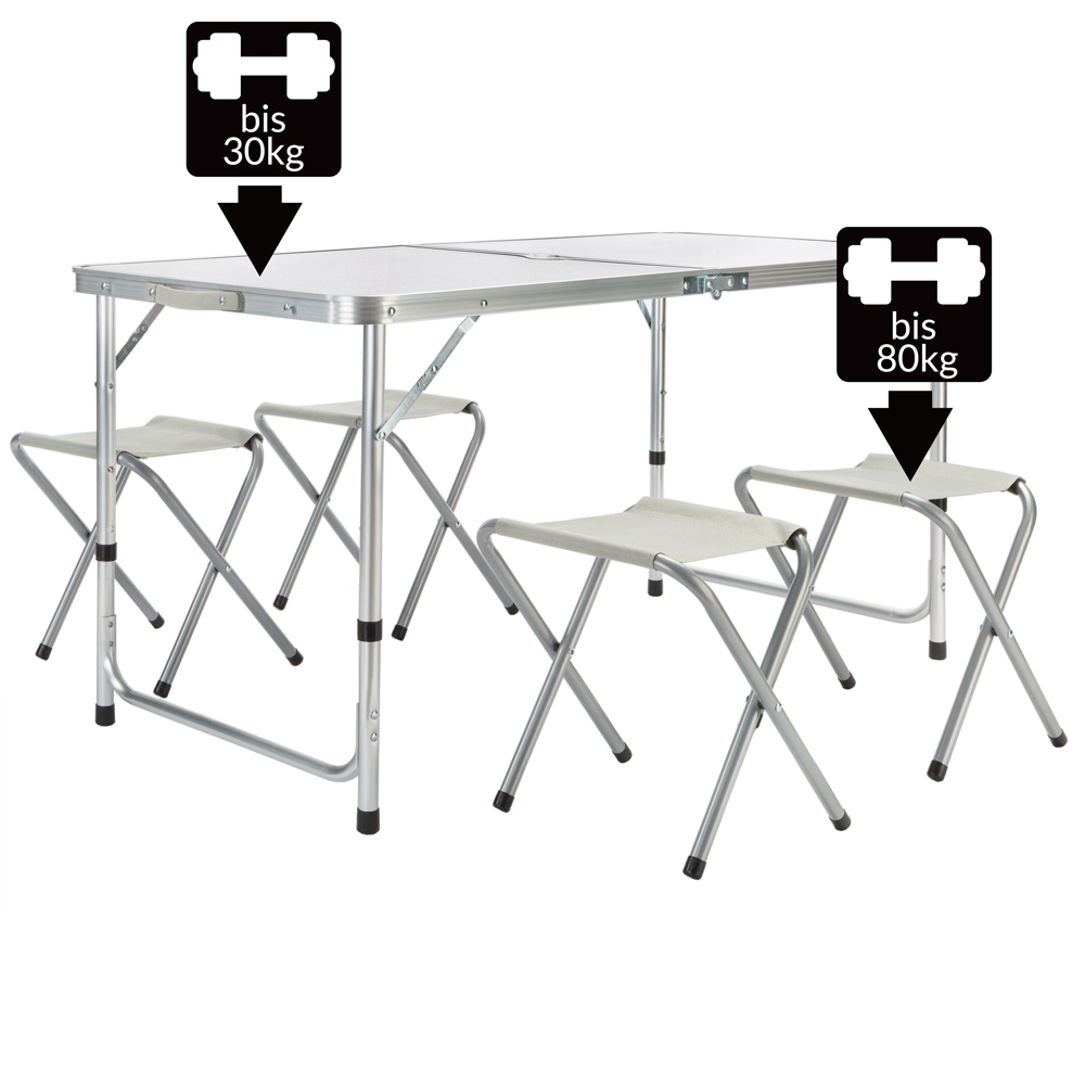 Casaria Campingsitzgruppe Alu MDF 5tlg Tisch: 120x60x55/62/70cm cm Bank: 65 60 x 60cm weiß