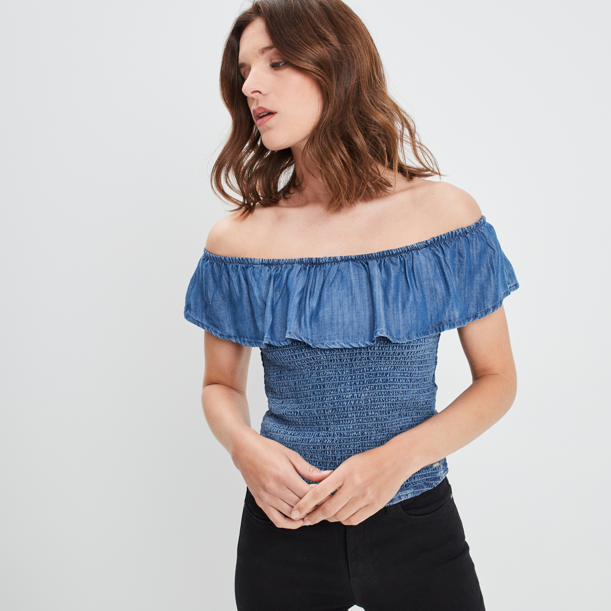 Blouse manches courtes col bardot denim bleach femme | La Halle