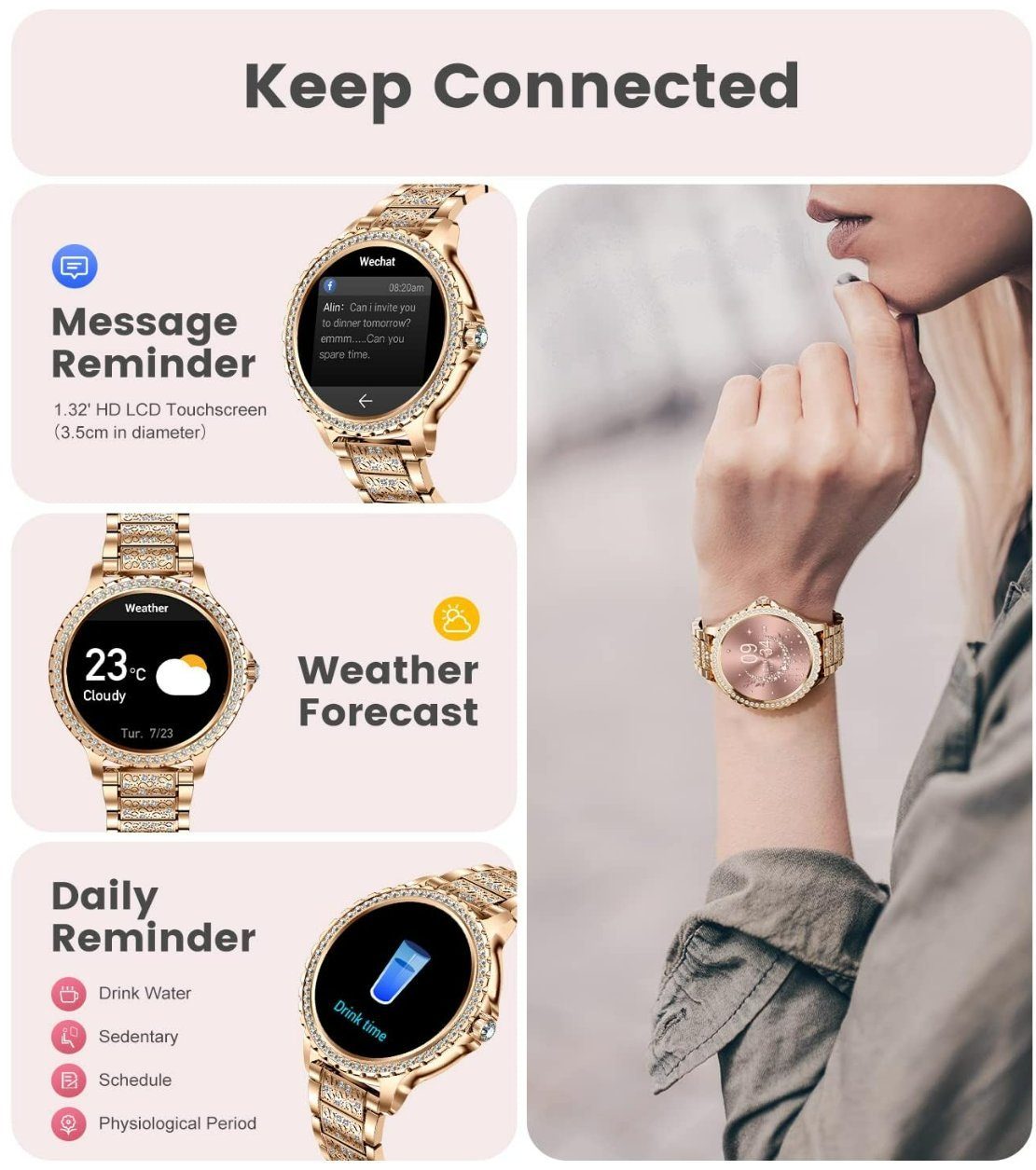 Lige Smartwatch, Damen Mit Telefonfunktion Wasserdicht Rund iOS Android Smart Watch