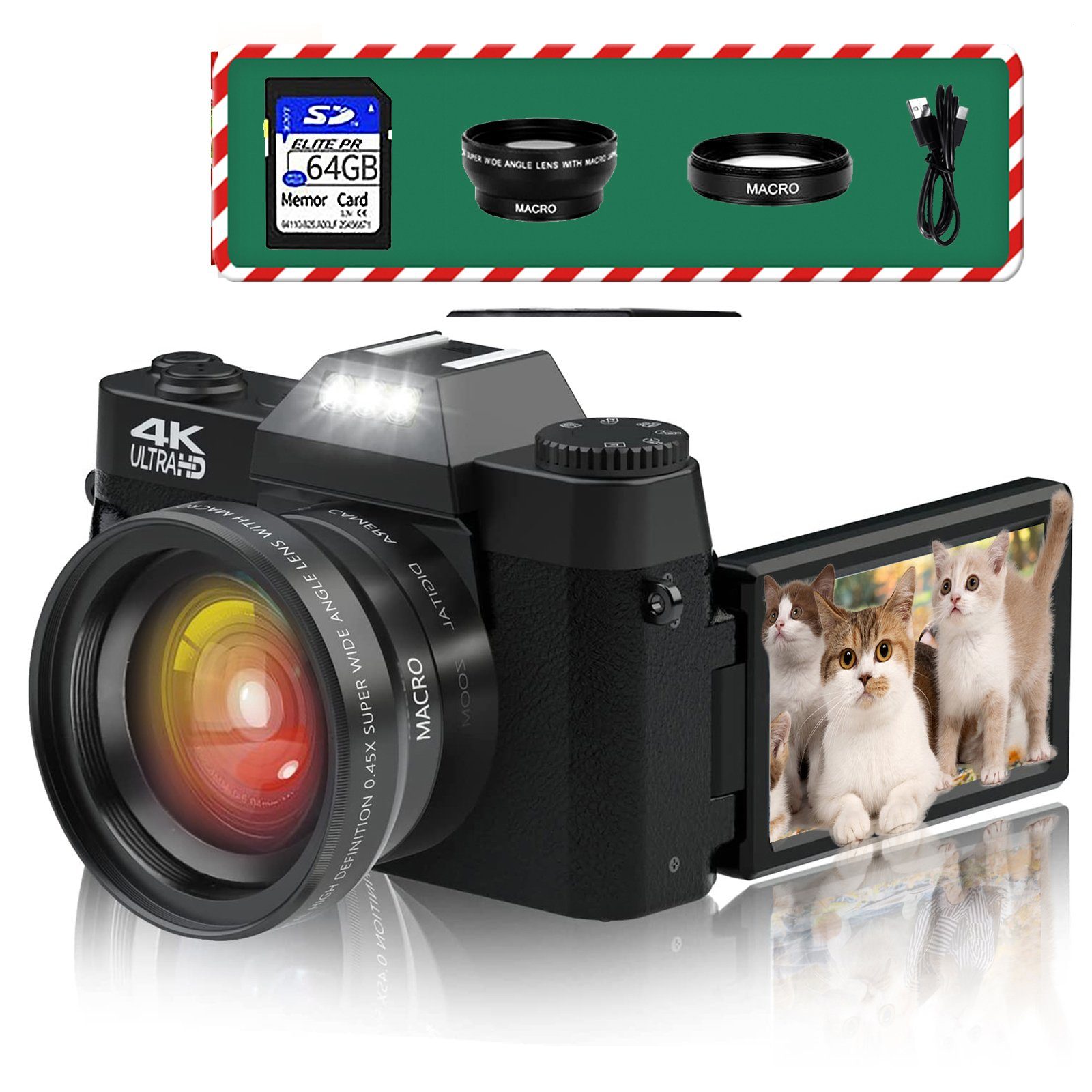 OKA Digitalkamera, 4K 48MP Autofokus-Kamera mit 64GB Speicherkarte, Kompaktkamera (48 MP, WLAN (Wi-Fi), inkl. 3.0-Zoll 180°-Filmbildschirm, YouTube Videoaufnahmekamera, 16x-Blitz-Kamera für Jugendliche und Erwachsene)