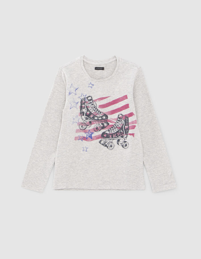 T-shirt gris coton bio visuel patins à roulettes fille