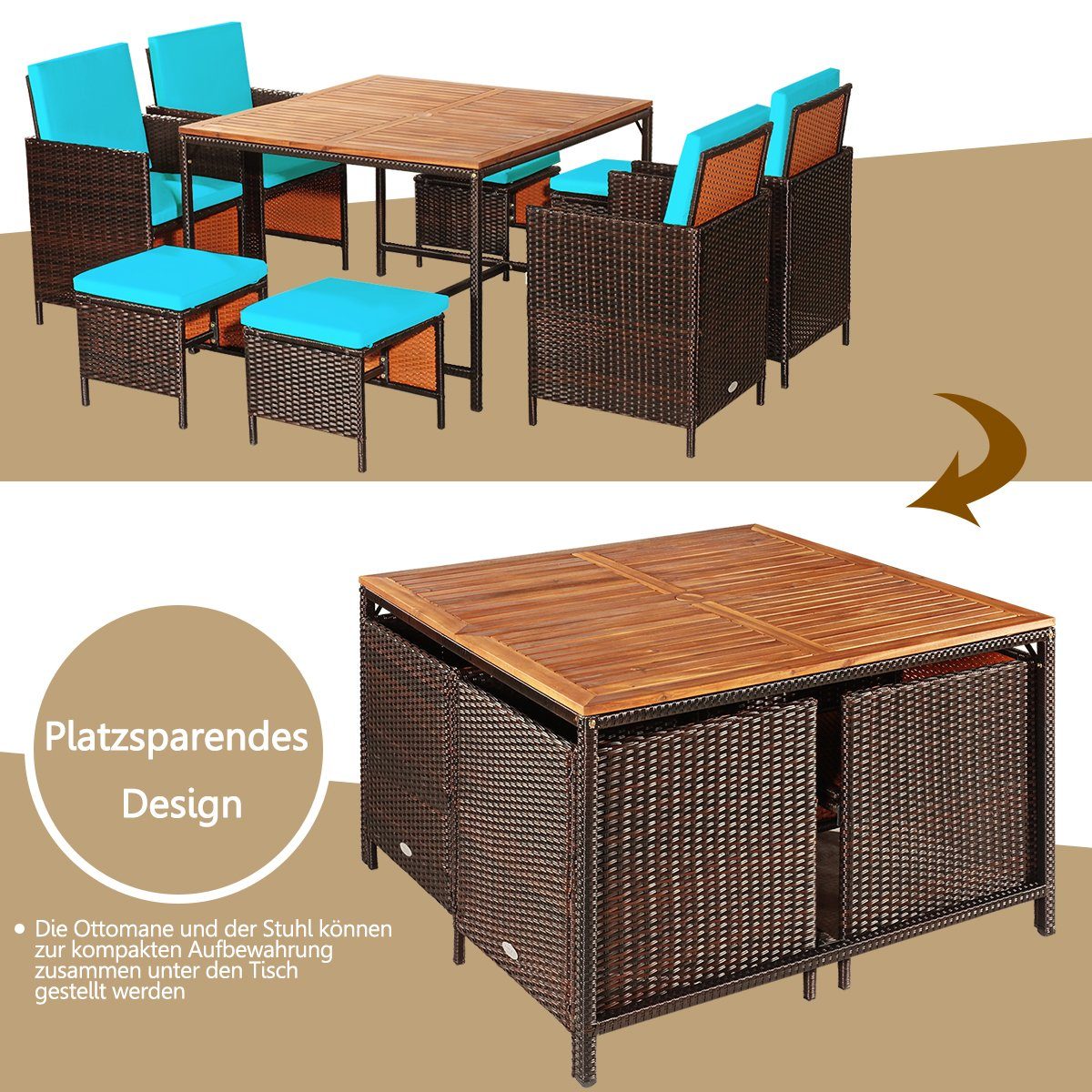 COSTWAY Garten-Essgruppe, (9-tlg), Rattan, 8 Personen, mit Schrimloch&Kissen