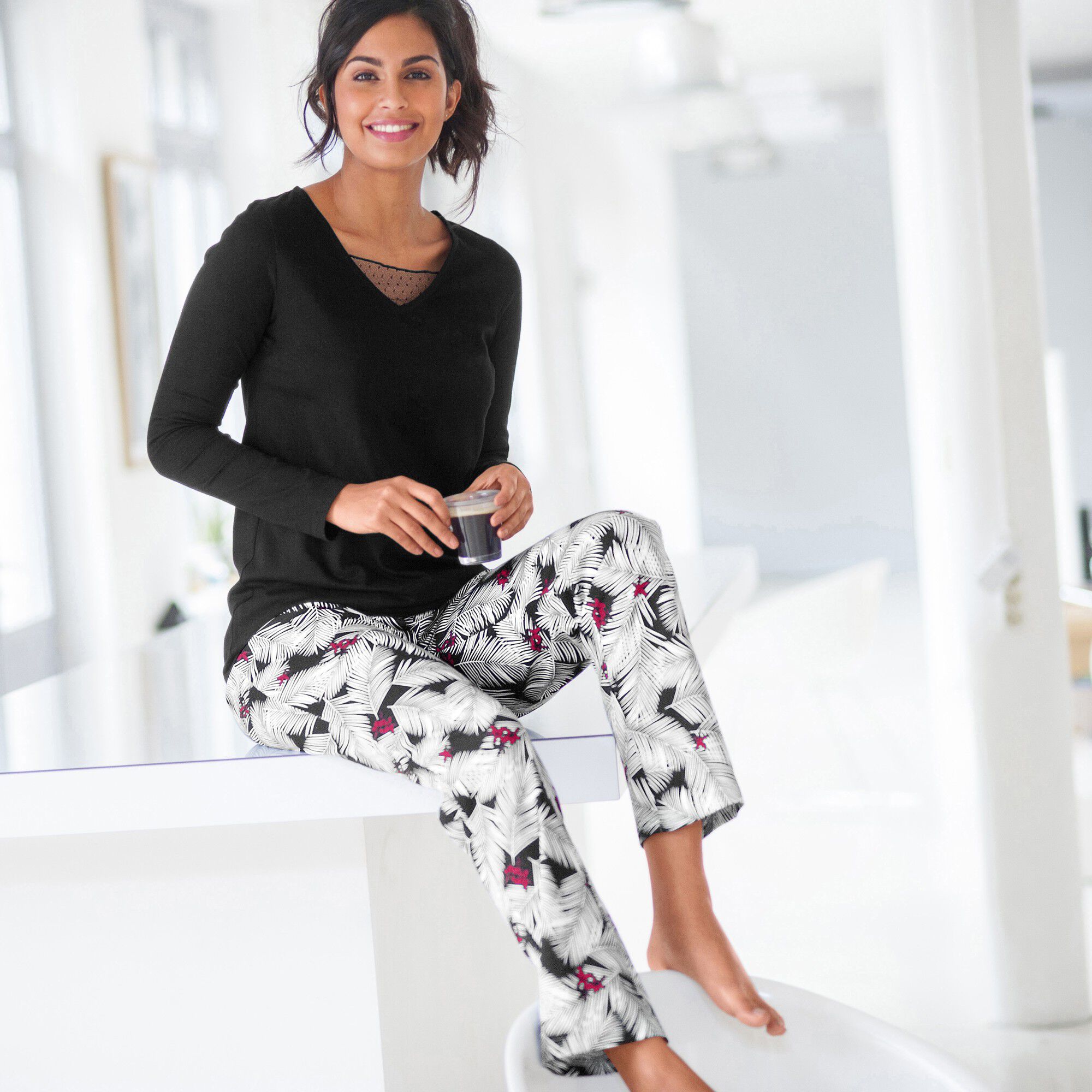 Pyjama pantalon empiècement plumetis
