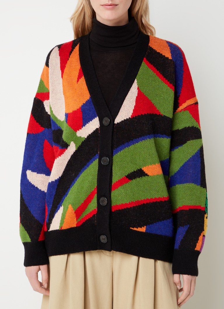Cardigan cu imprimeu floral Farm Rio Flowers și model banană, tricotat fin, din amestec de lână, cu model tricotat.