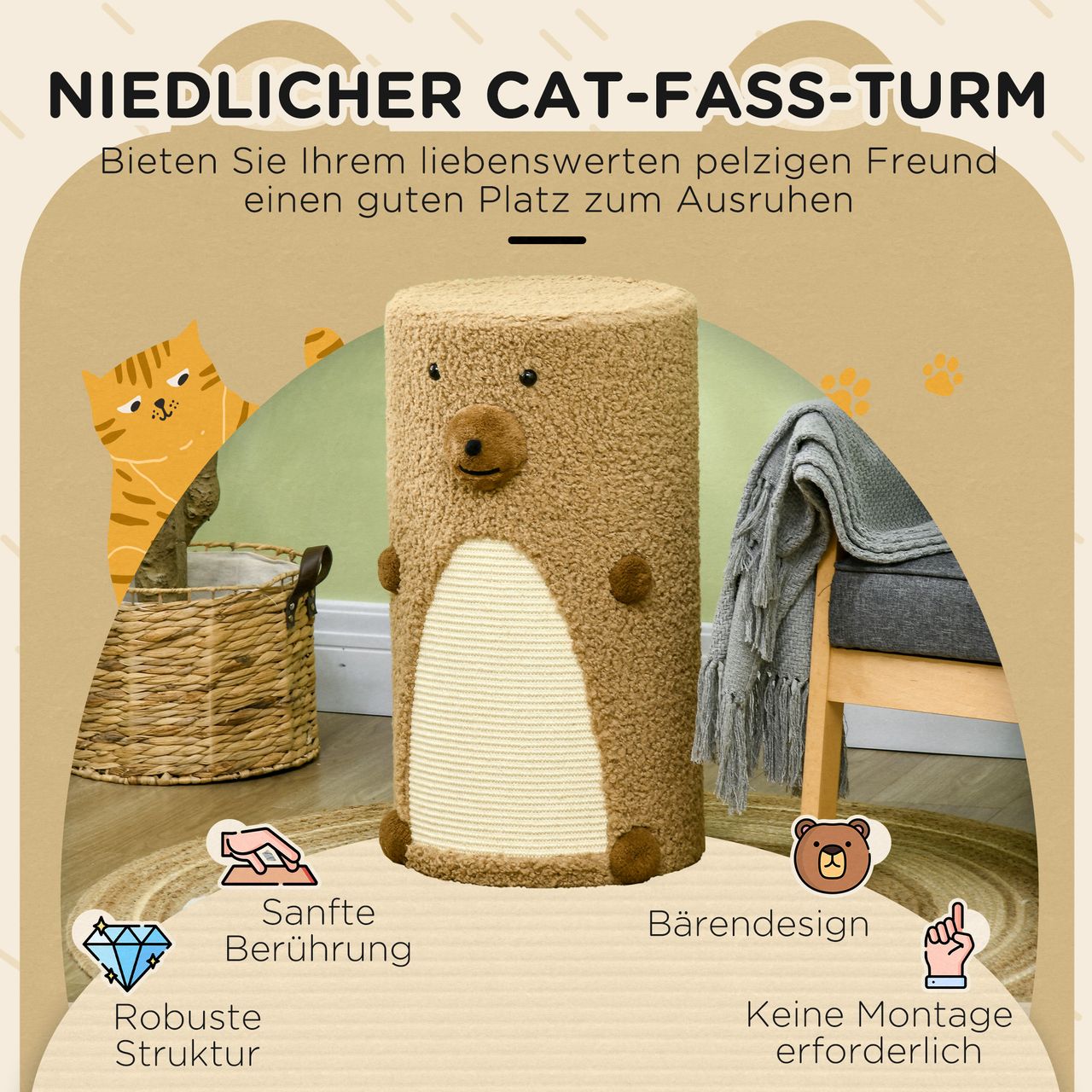 PawHut Kratztonne Höhe 66 cm, Kratzturm mit 2 Höhlen, Katzentonne mit Kratzbrett