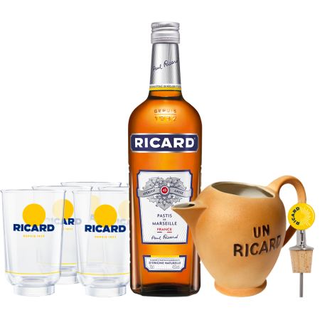 PACK RICARD + 6 VERRES ALLONGE LEHANNEUR RICARD NOUVEAU LOGO + BROC COLLECTOR 1935 + BEC VERSEUR