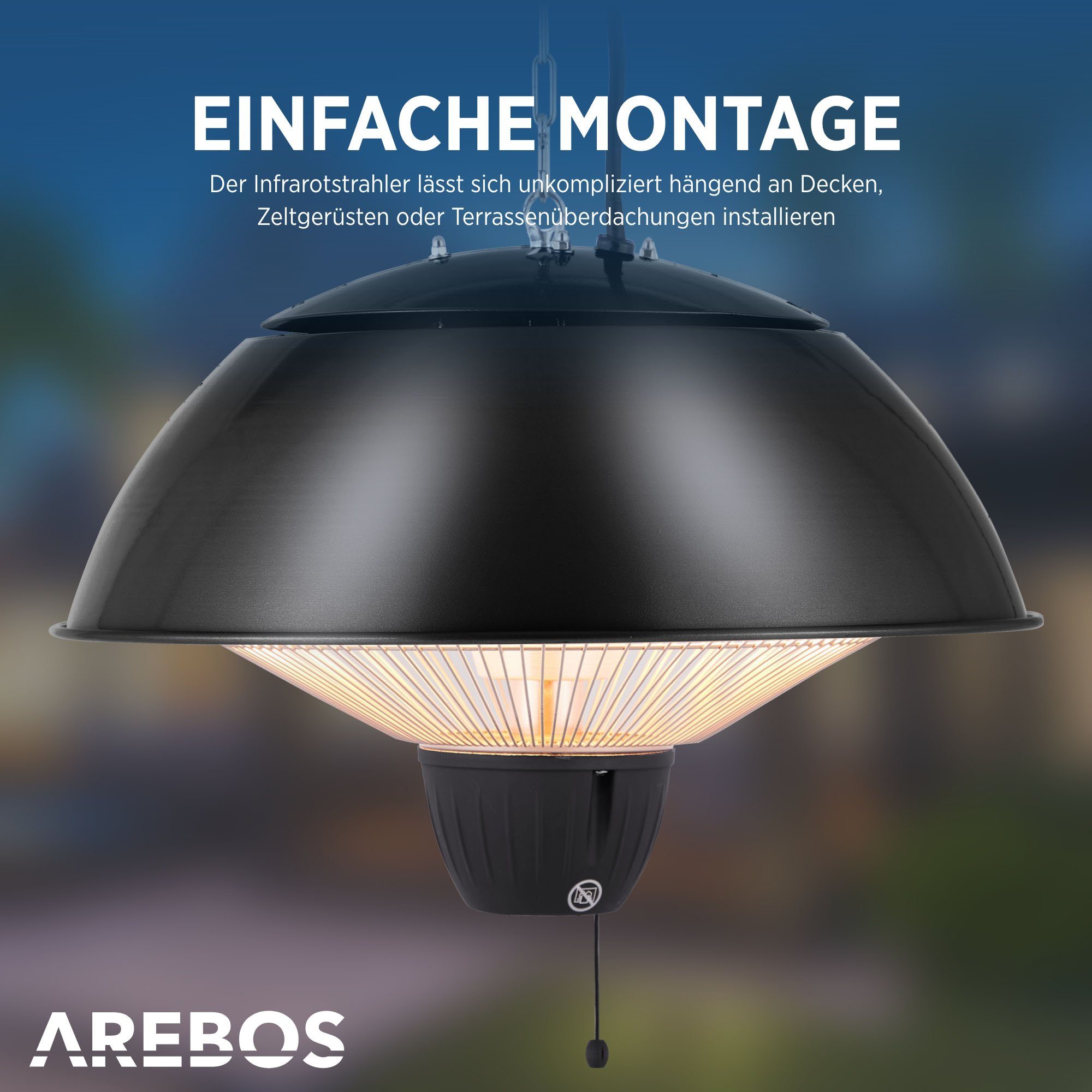 Arebos Heizstrahler Infrarot Deckenheizstrahler 1500 W, mit Zugschalter, Sofortwärme für einen Bereich von ca. 9 m²