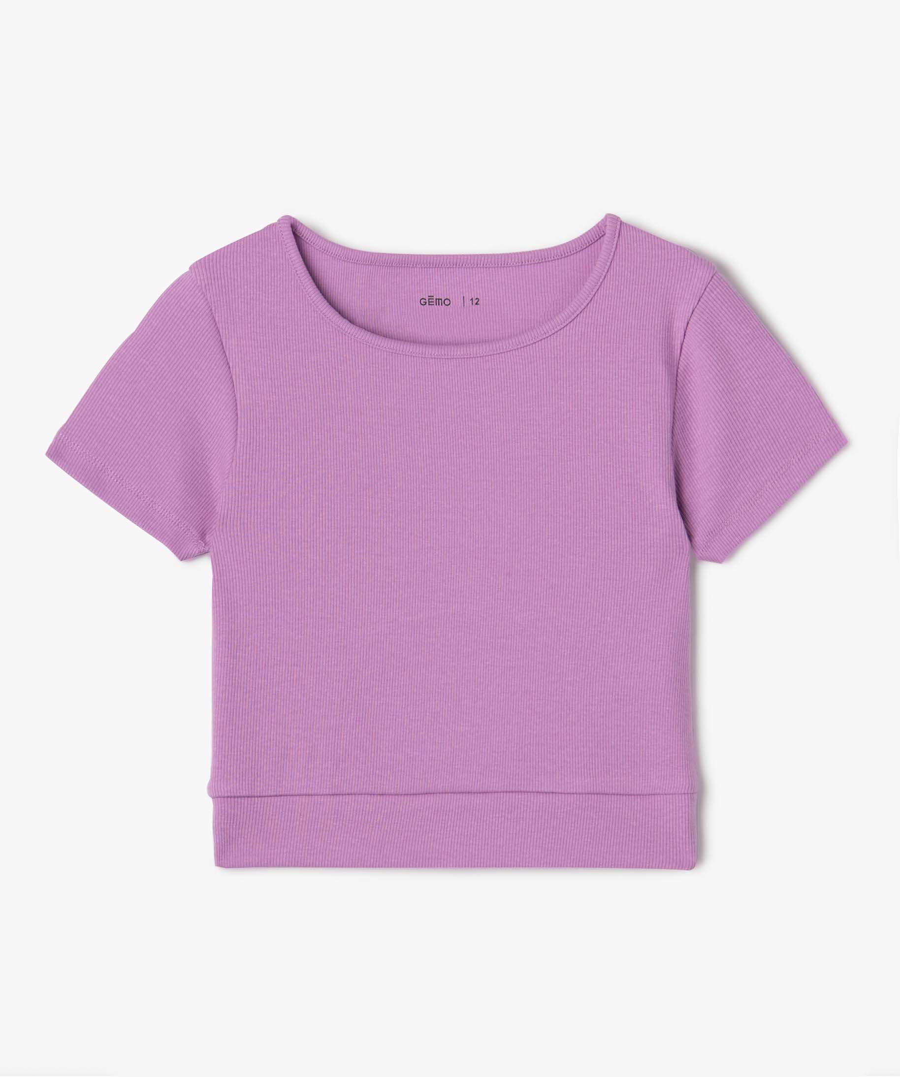 Tee-shirt fille en maille ctelée coupe courte violet | GEMO