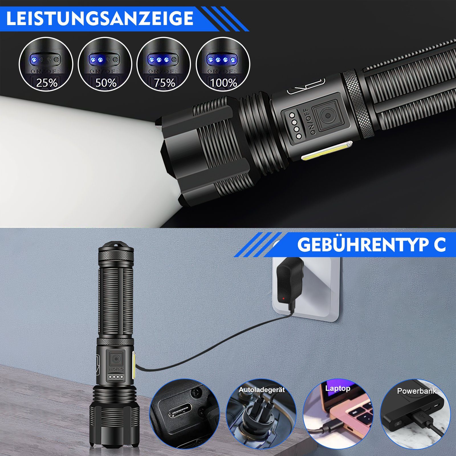 MDHAND LED Taschenlampe USB wiederaufladbare taktische (1-St), Mit COB-BELEUCHTUNG