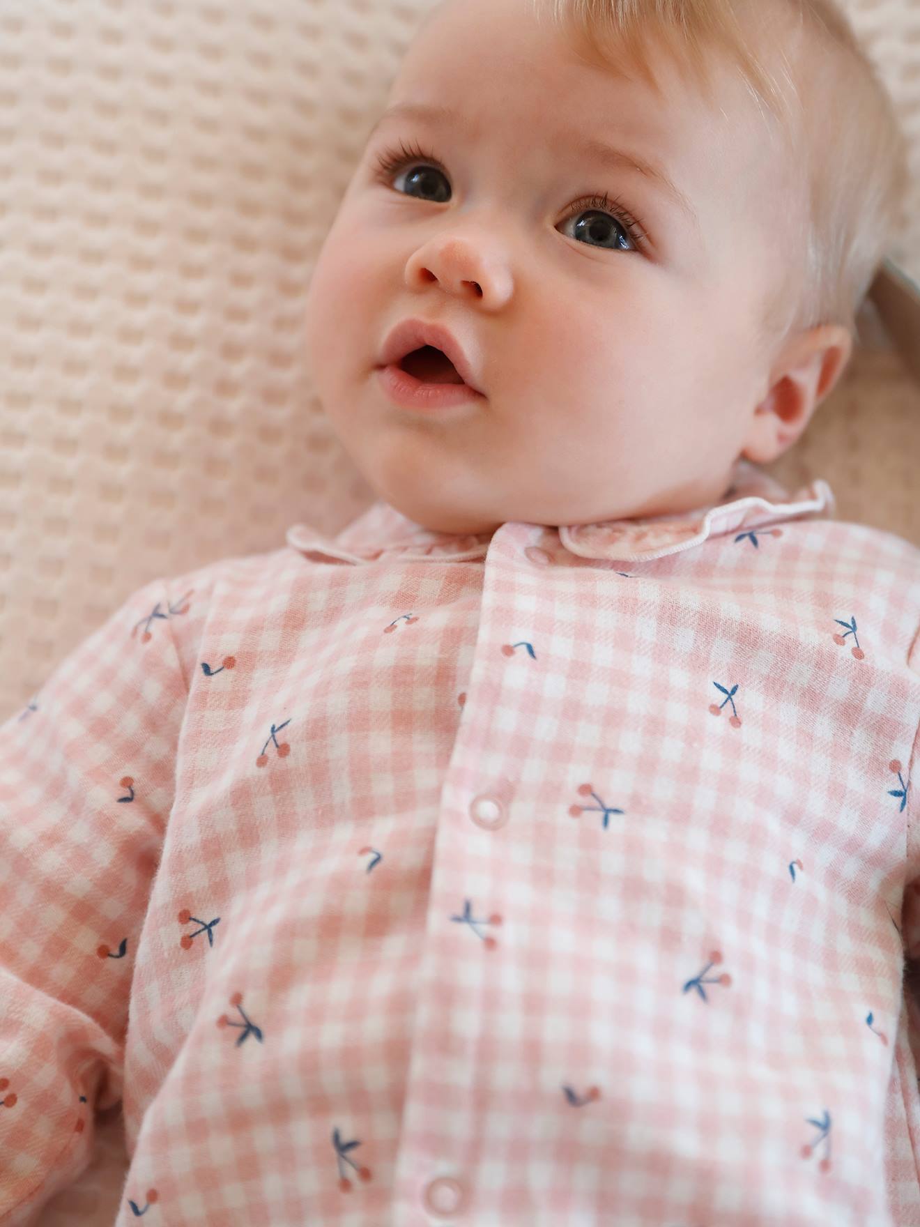 Pyjama bébé en flanelle de coton ouverture naissance carreaux rose thé