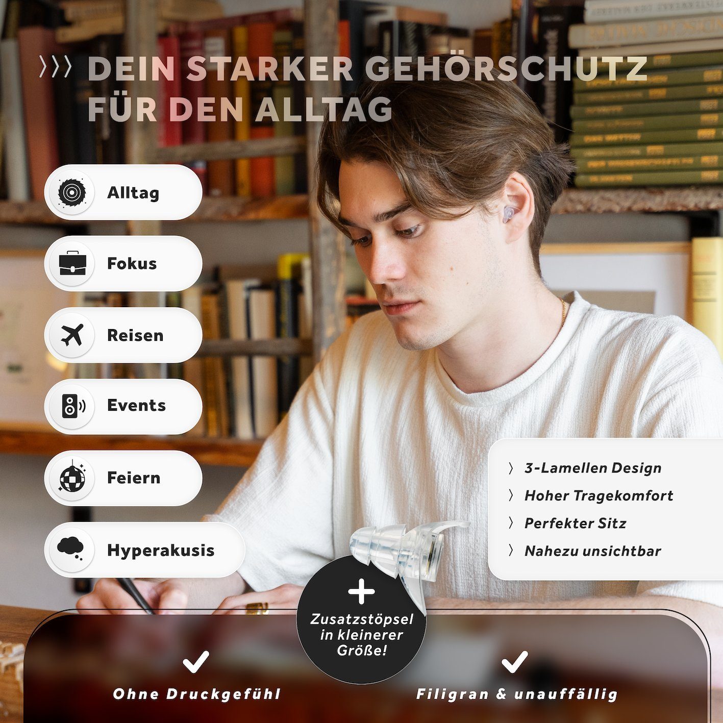 Schallwerk Gehörschutzstöpsel SCHALLWERK ® Invisible+ unauffällige Gehörschutz Ohrstöpsel