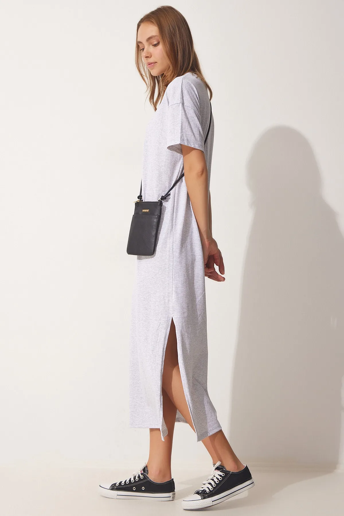 Happiness İstanbul  Damen-Sommerkleid aus gekämmter Baumwolle aus grauer Baumwolle UB00080