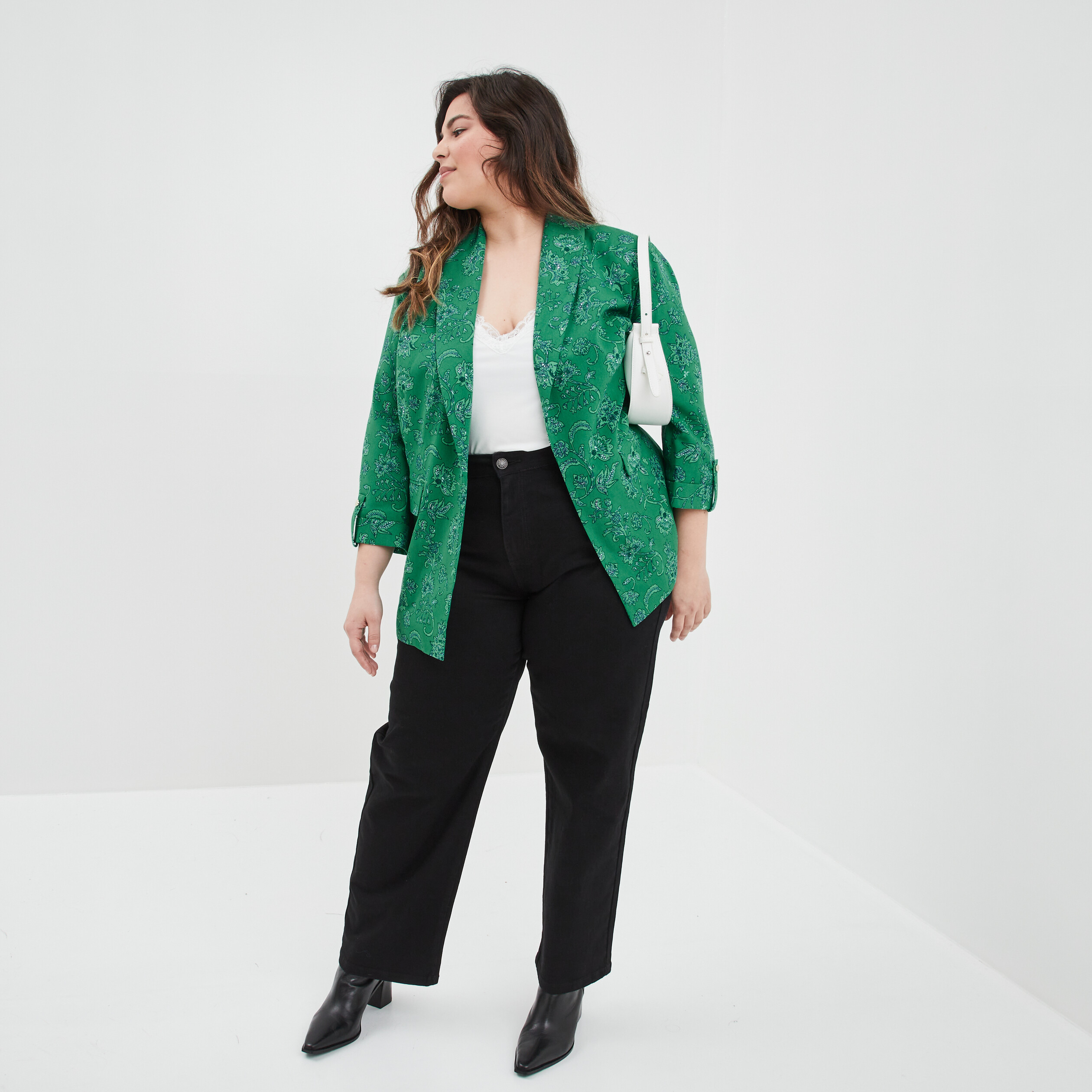 Veste droite manches 3 4 à revers vert femme grande taille | La Halle