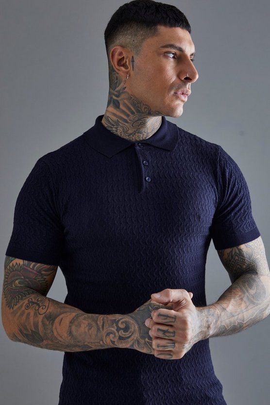 Tall Muscle-Fit Zopfmuster-Poloshirt mit kurzen Ärmeln