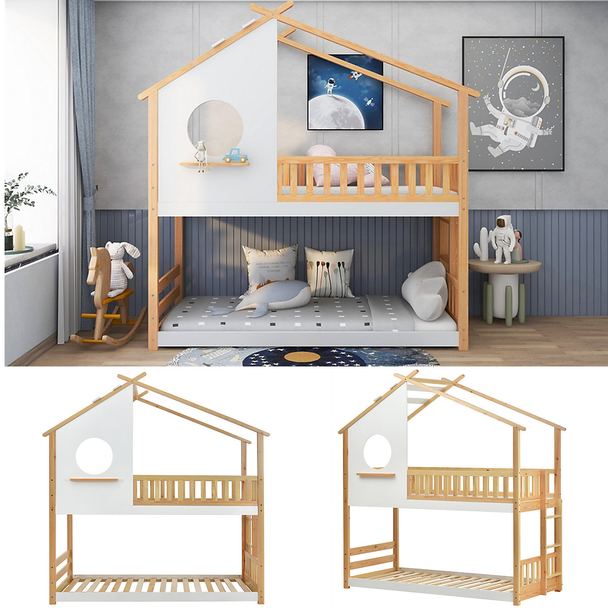 Etagenbett mit rechtwinkliger Leiter, Kinderbett, mit Fallschutz und Barriere, Rahmen aus Kiefernholz
