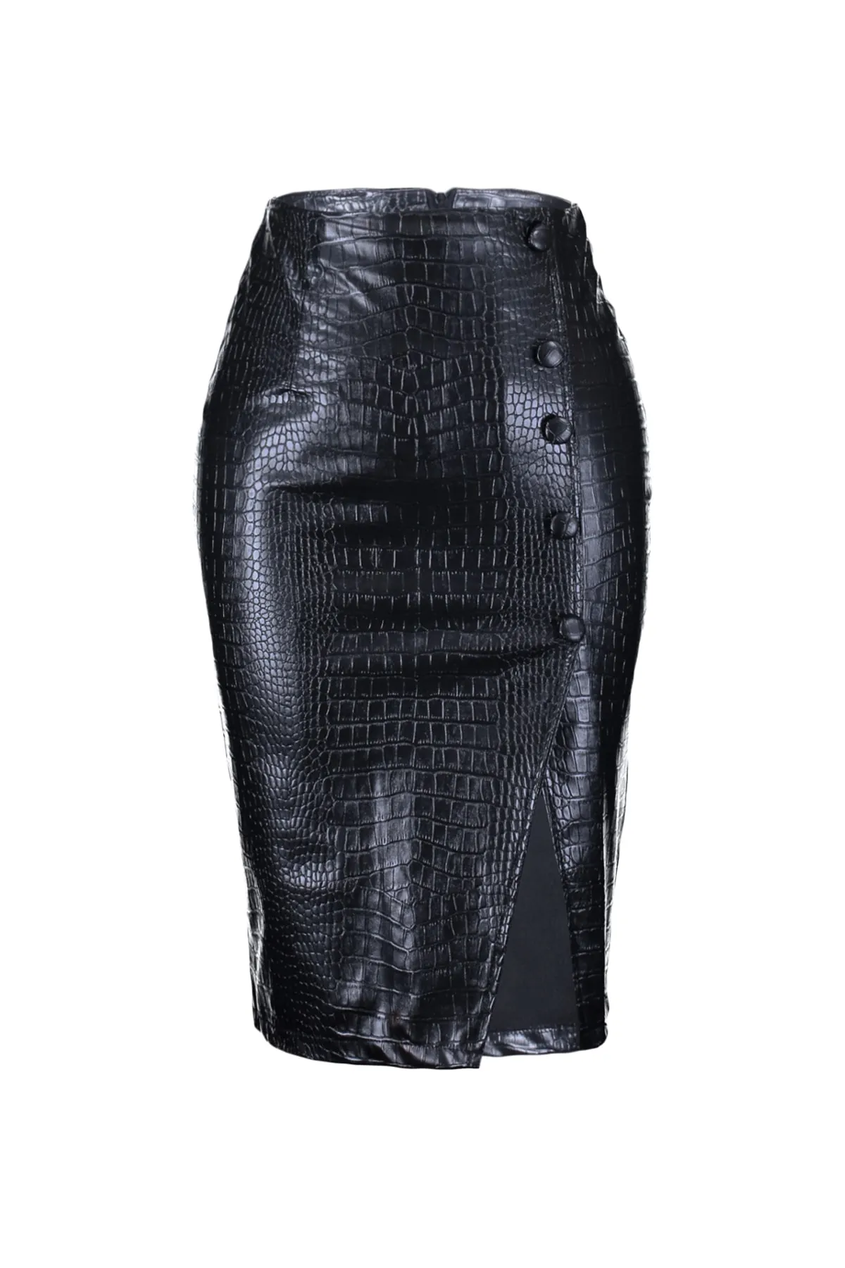 Trendyol Collection  Schwarzer Midi-Webrock mit Schlitz und detailliertem Schlangenlederimitat TWOAW23ET00260