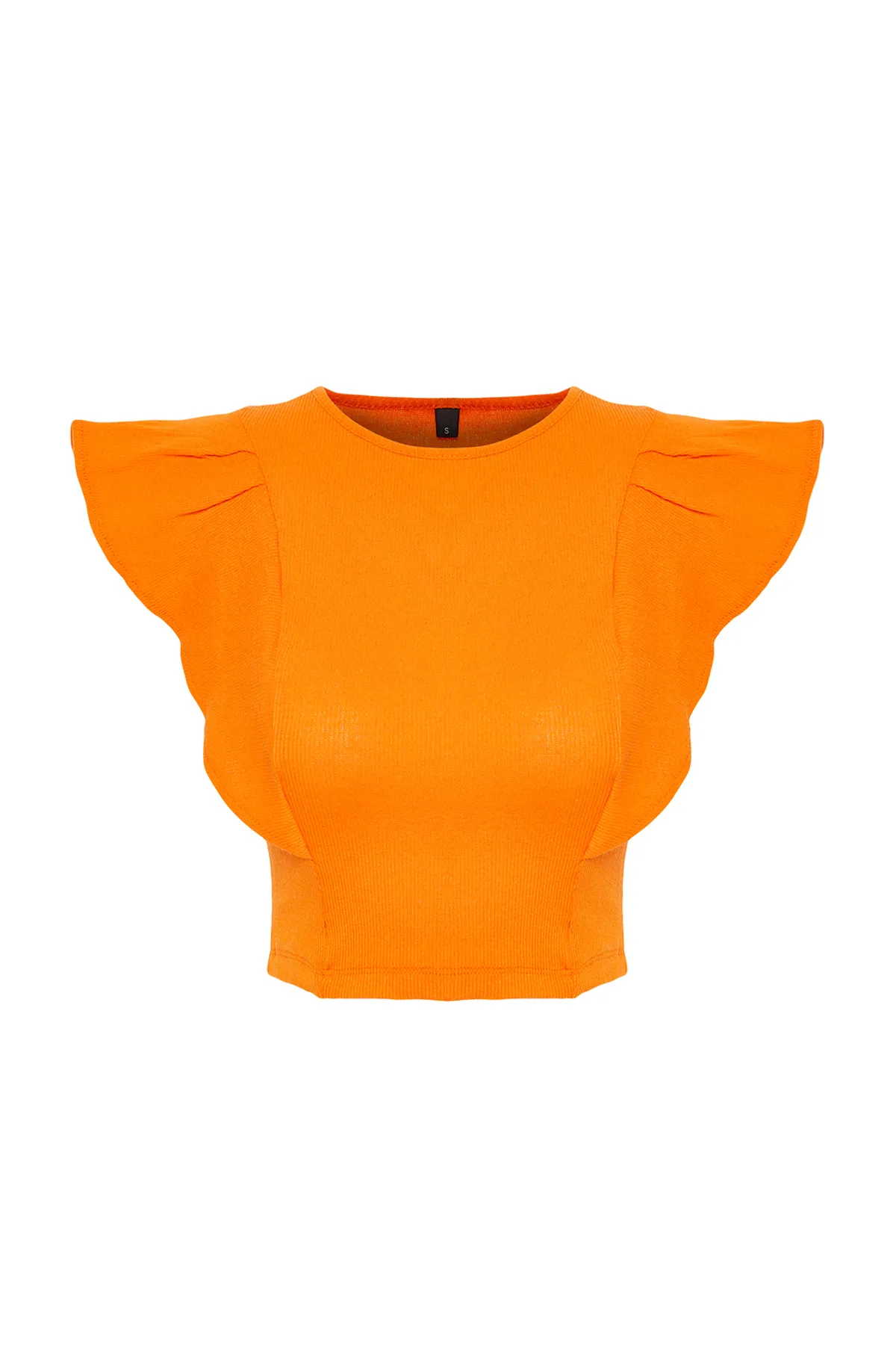 Trendyol Collection  Orangefarbene, gerippte, dehnbare Strickbluse mit Rundhalsausschnitt und Rüschenärmeln TWOSS24BZ00370