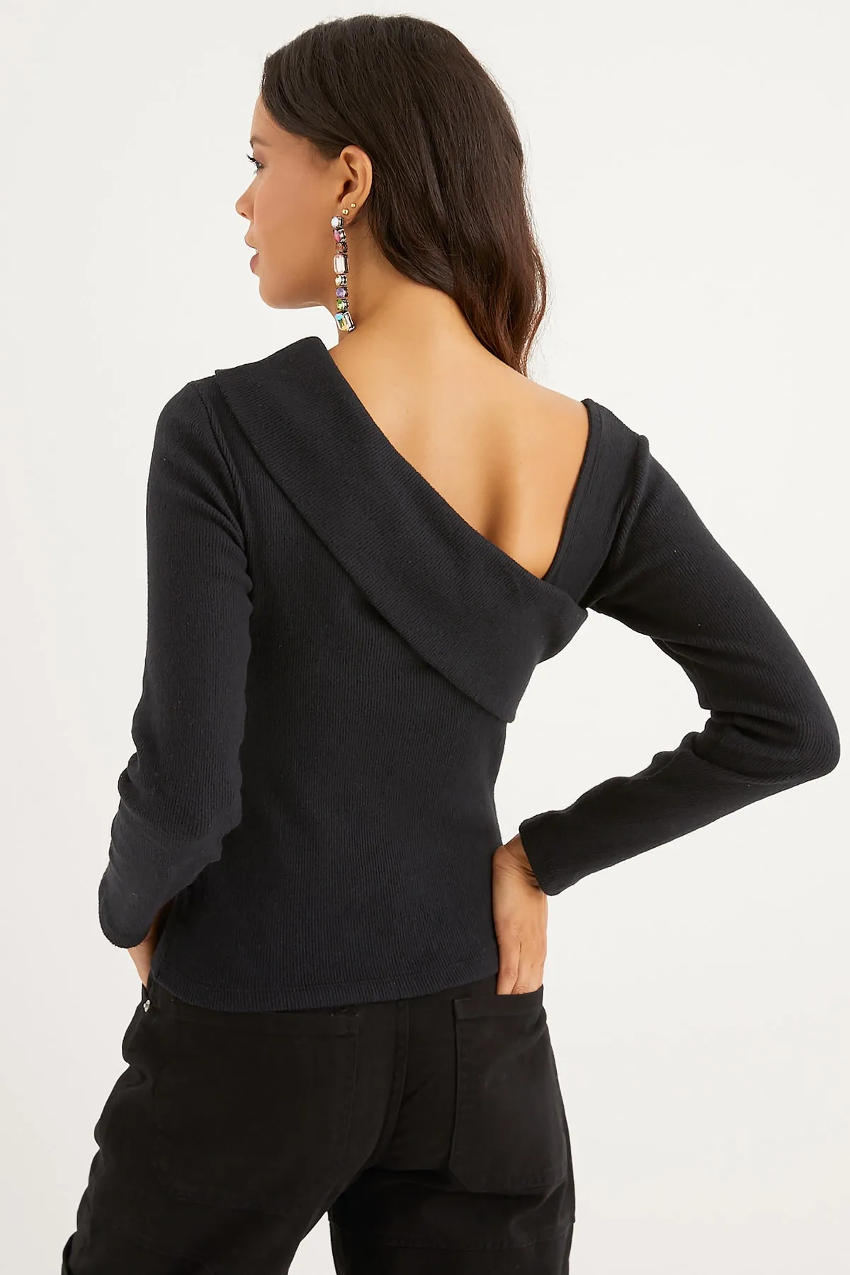 Cool & Sexy  Schwarze Strickbluse mit Kreuzkragen für Damen SF12047