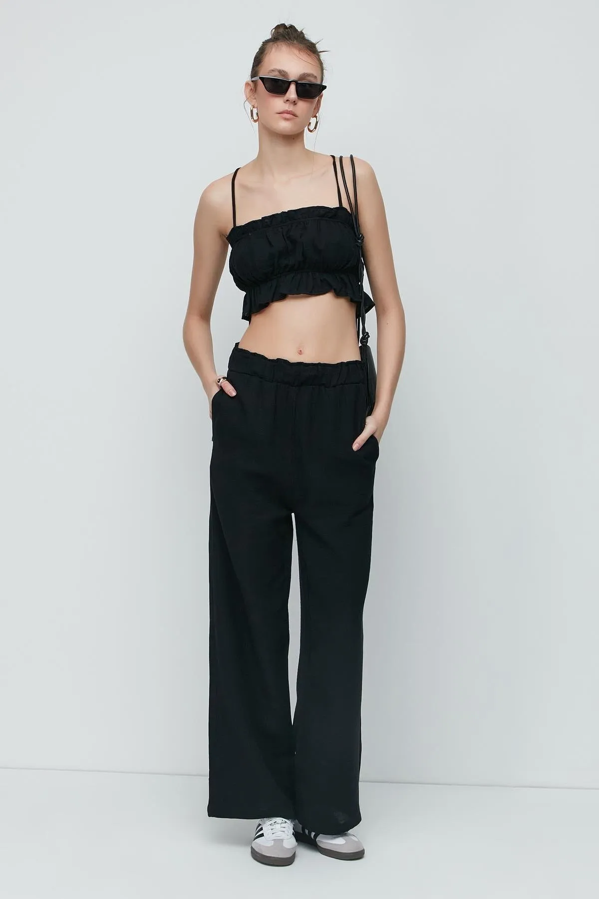 C&City  Crop-Bustier-Hosen-Set aus Bio-Baumwoll-Musselin 9124 Schwarz