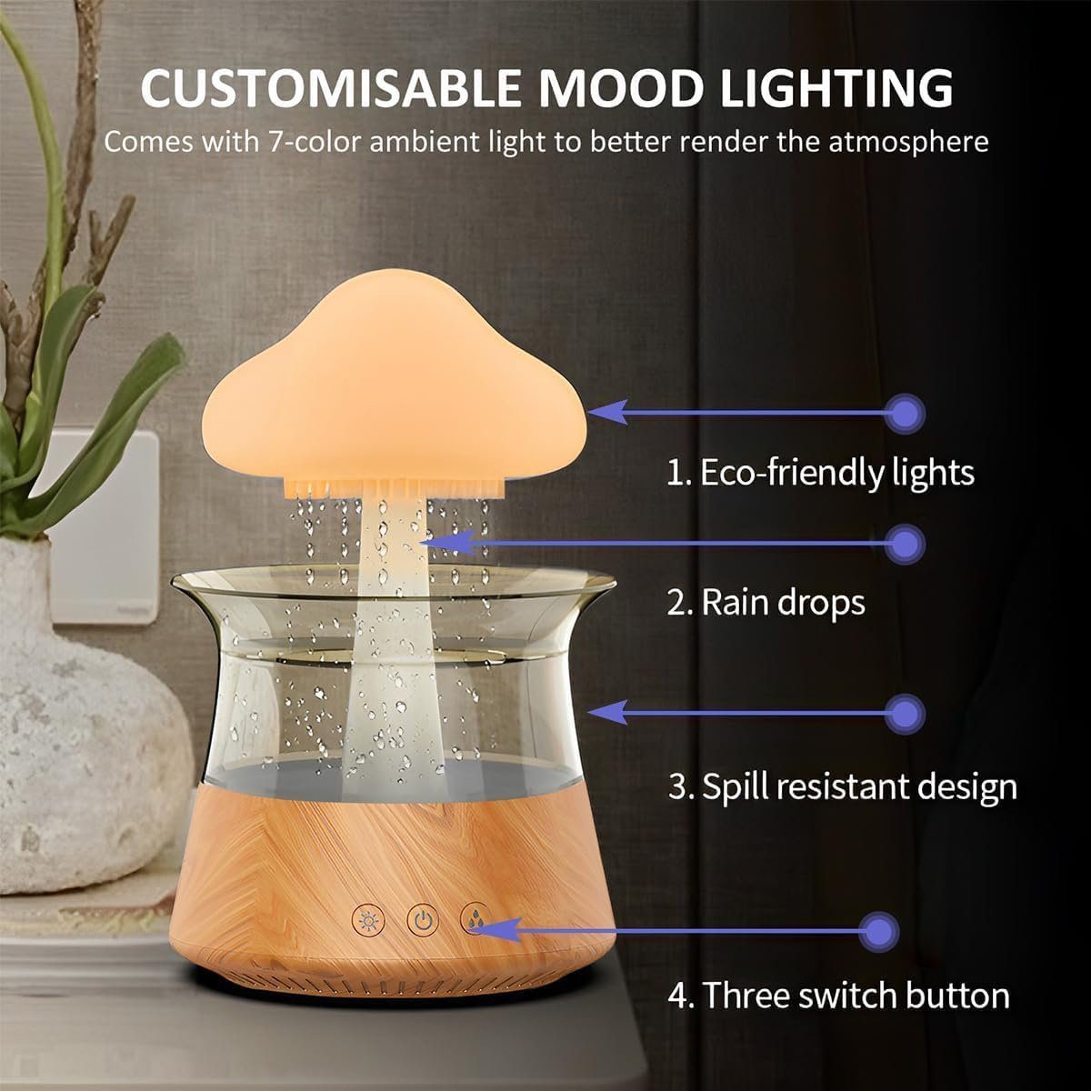 autolock Luftbefeuchter Luftbefeuchter Rain Cloud Mini Luftbefeuchter Regen Pilz Lampe, Air Humidifier mit 7 Farben Wassertropfen Regengeräusche