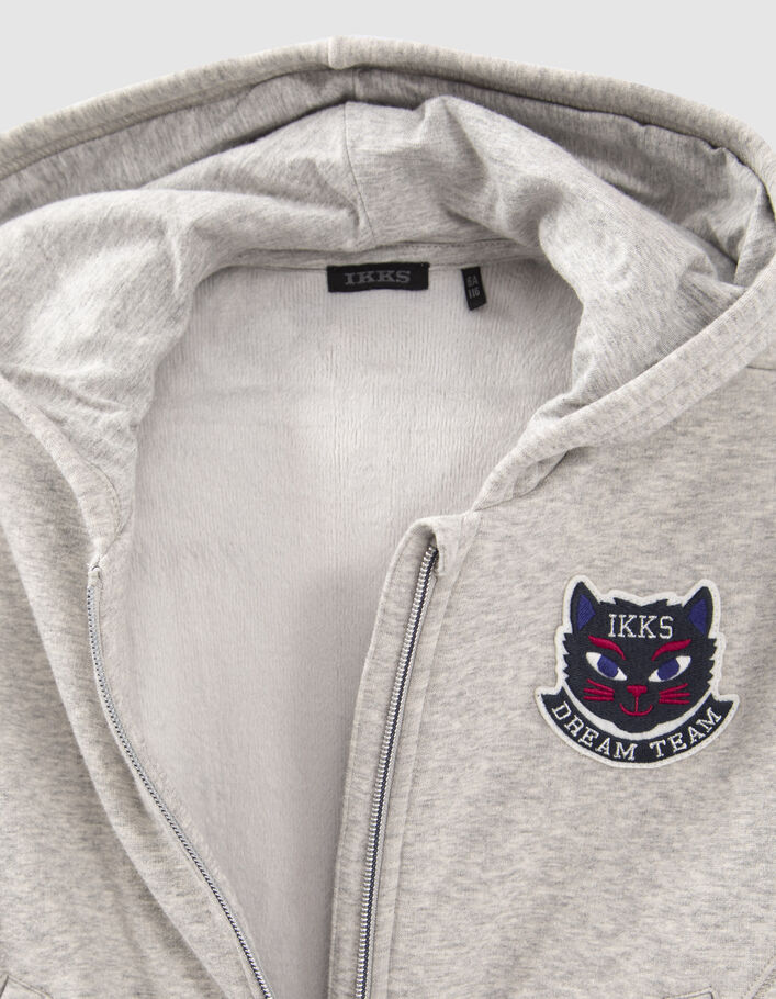 Cardigan zippé gris à capuche et badge chat fille