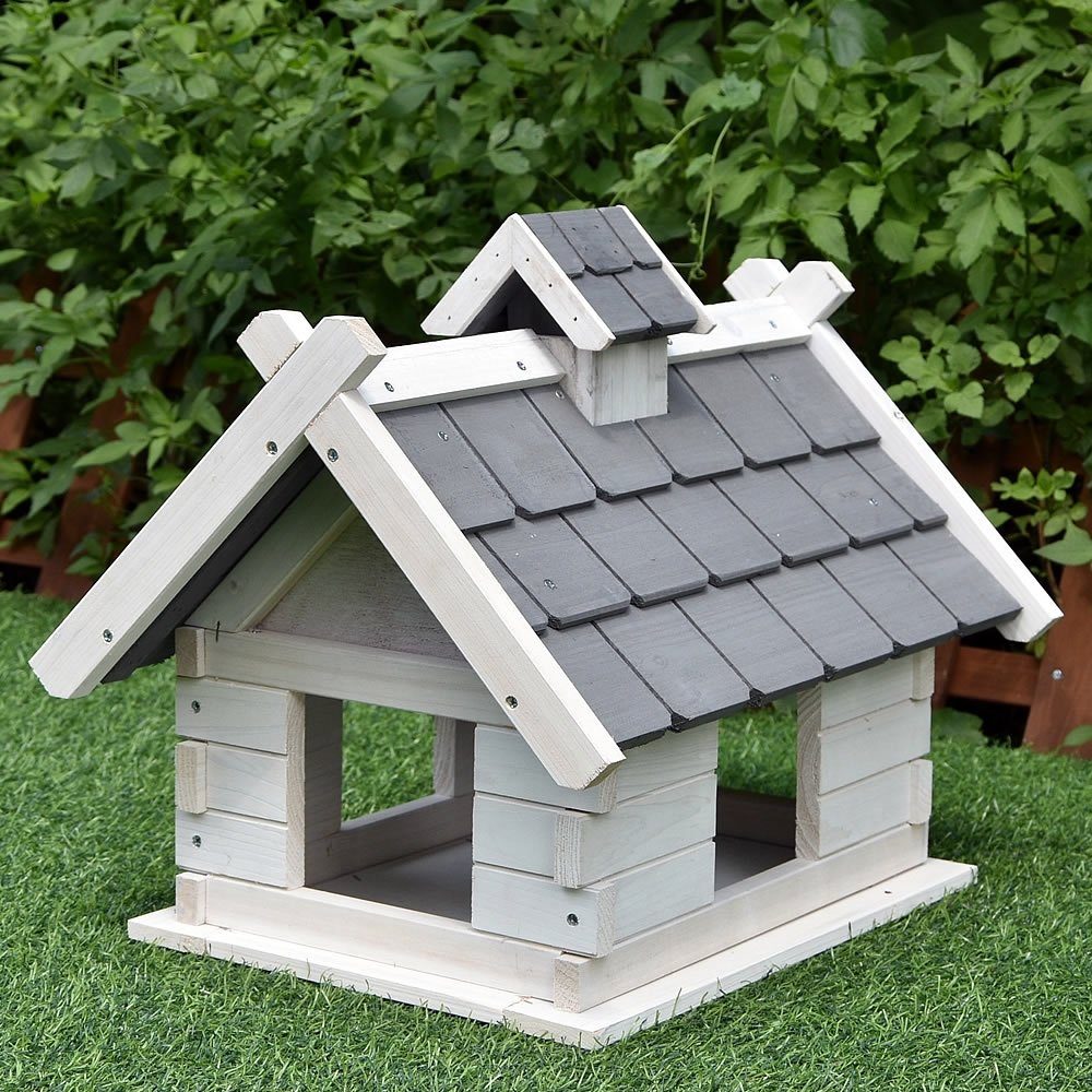 Melko Vogelhaus Vogelfutterhaus Vogelvilla Vogelhaus in Grau Weiß aus Holz mit Dach Vogelhäuschen Futterstation, Eine kleine Erhöhung am Rand des Vogelhauses sorgt dafür, dass das Futter nicht herausfällt