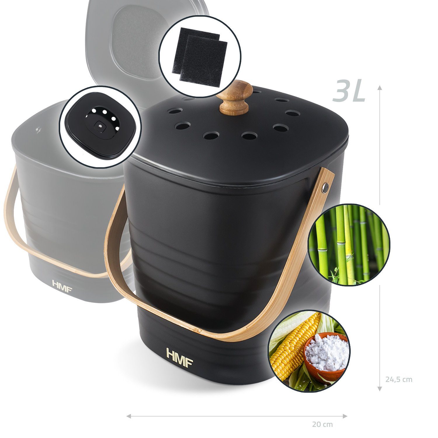HMF Biomülleimer Komposteimer mit Aktivkohlefilter, kleiner Abfalleimer für die Küche mit Deckel, 3L, Schwarz