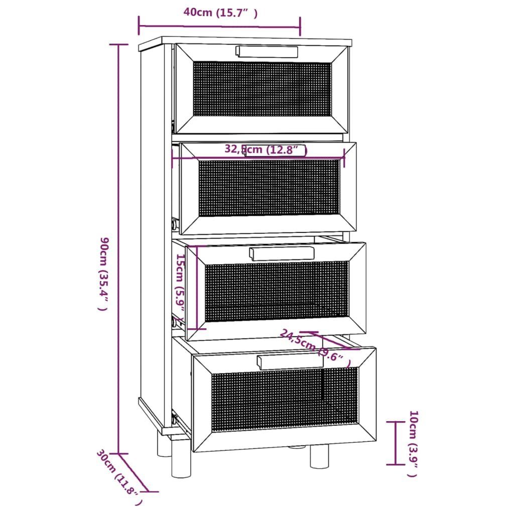 vidaXL Sideboard Sideboard Weiß 40x30x90 cm Massivholz Kiefer und Natur-Rattan (1 St)