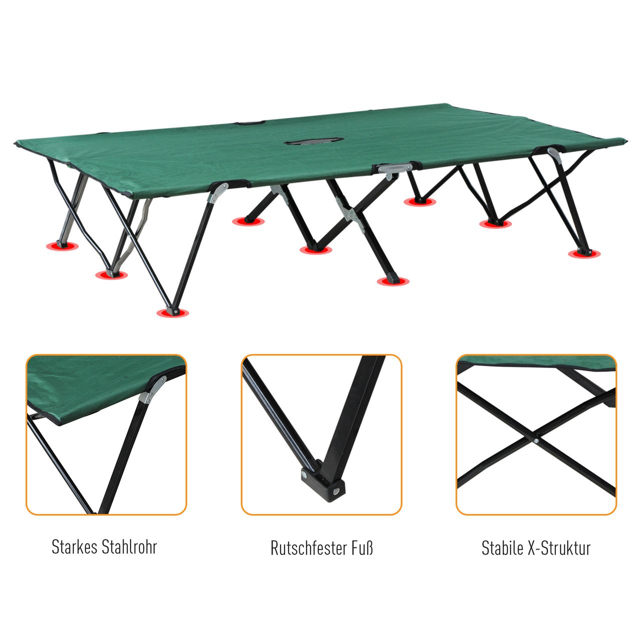 Outsunny Campingbett Klappbar für 2 Personen Feldbett Klappbett mit Tragetasche bis 136 kg belastbar Stahl Oxford Grün Schwarz 193 x 125 x 40 cm