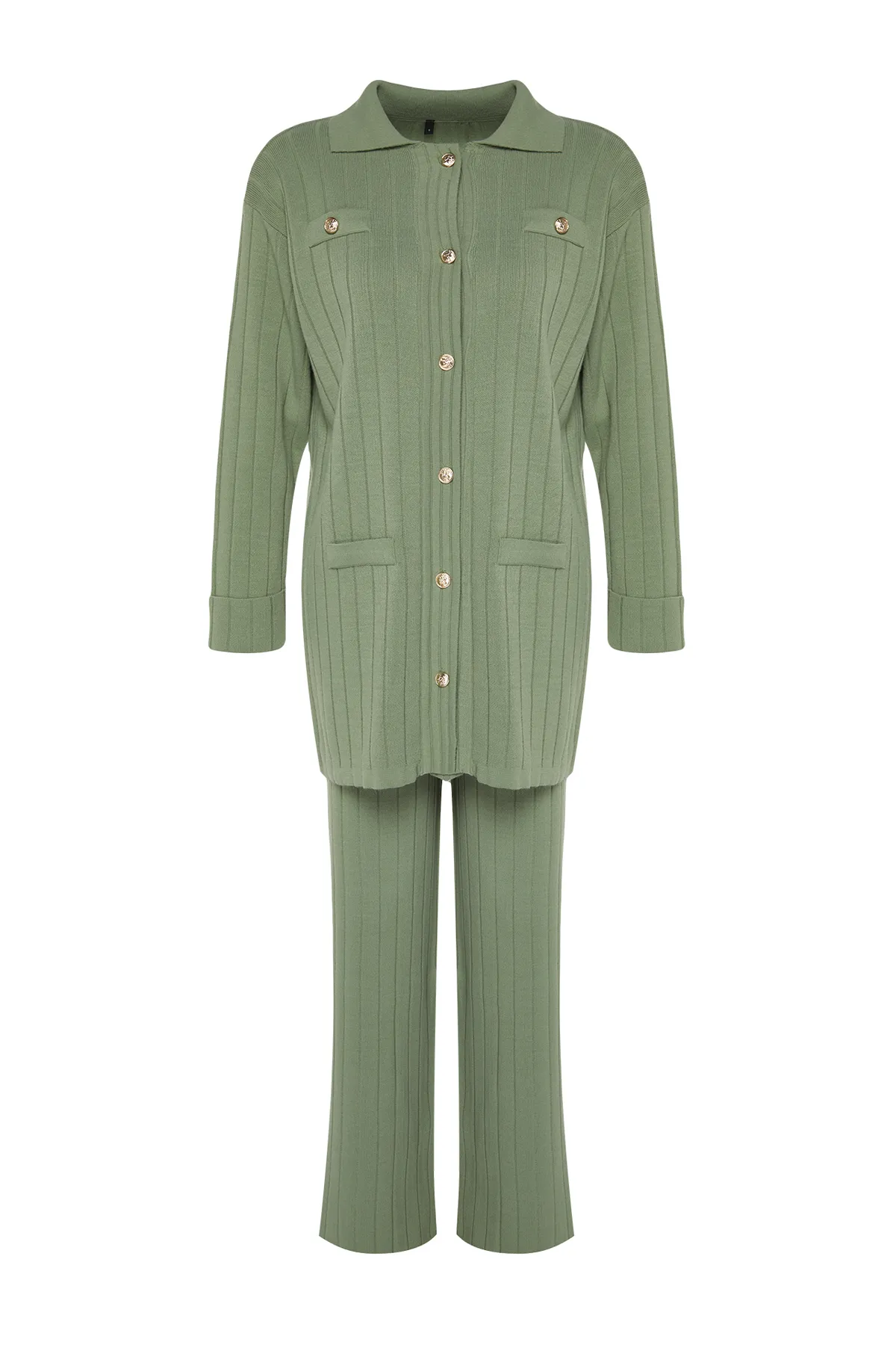 Trendyol Modest  Grünes Strickoberteil- und -unterteil-Set aus Strickjacke und -hose mit Kordelzug TCTAW24US00003