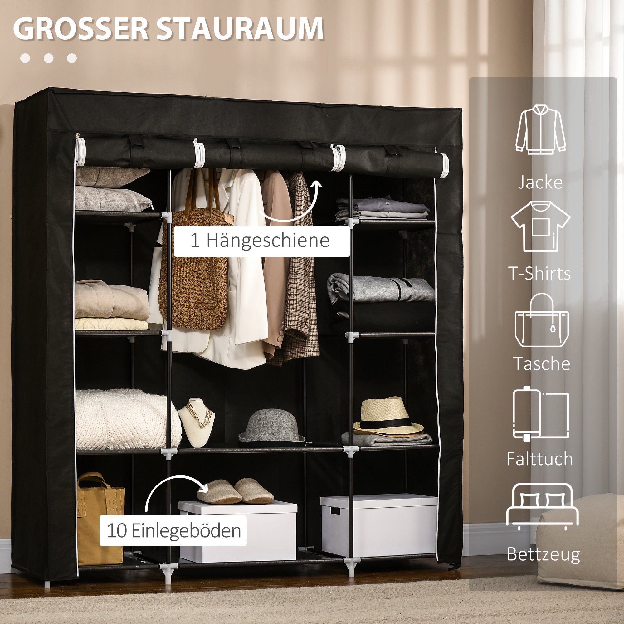 HOMCOM Stoffschrank Faltschrank, 1 Kleiderstange, 9 Regale (Set, 1-St., 1 Stoffschrank) Breite 150 cm