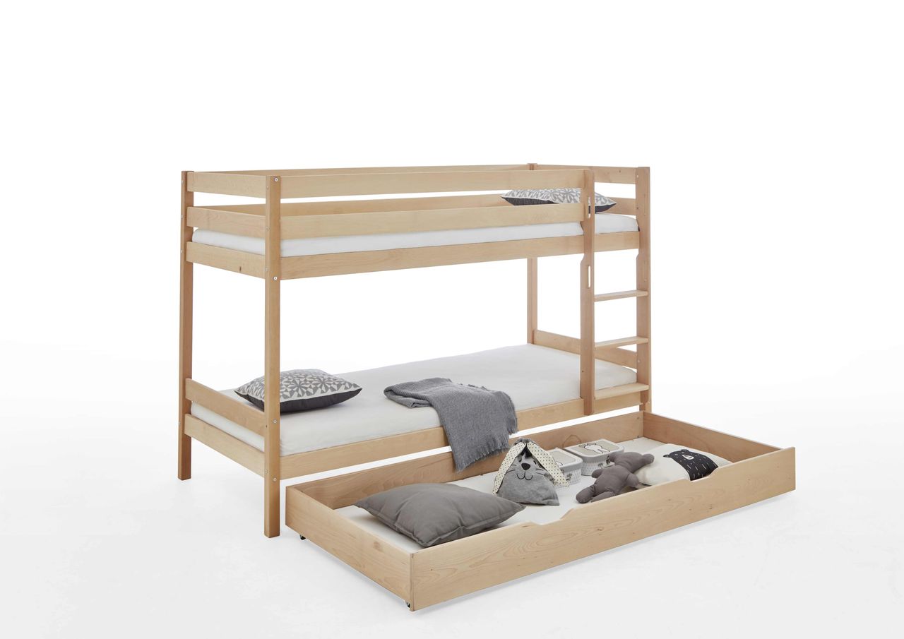 Relita Etagenbett Lupo mit 2 Liegeflächen 90 x 200 cm und Bettschublade, inkl. 2 Rolllattenroste und 2 Matratzen Allergena Med., Ausf. Buche massiv geölt