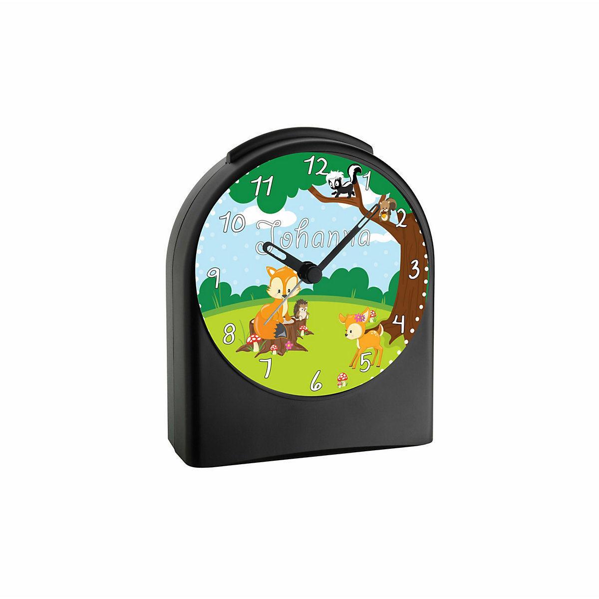 Kinder Funkwecker personalisiert mit Namen Waldtiere Atom-/Funkuhr, 12-Stunden-Anzeigeformat, Schlummerfunktion, Nachtlicht, Geräuschlos/Ohne Ticken