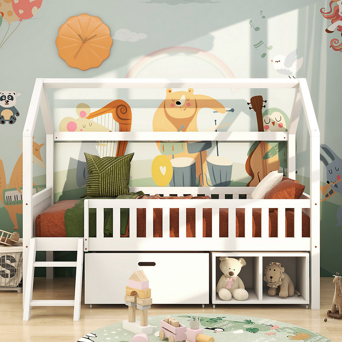 Hausbett 90x200 cm mit Leiter und Schubladen, Kinderbett Massiv