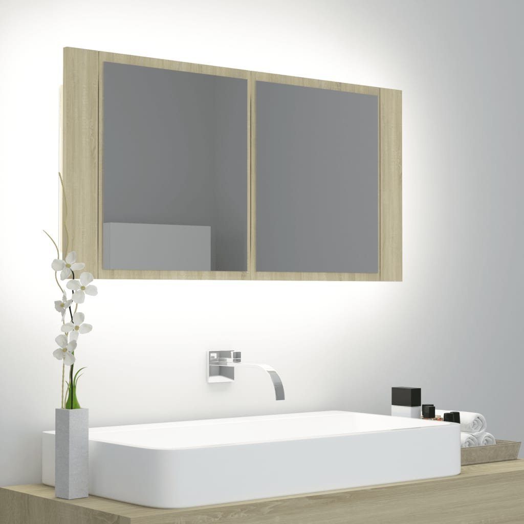 vidaXL Badezimmerspiegelschrank LED-Bad-Spiegelschrank Sonoma-Eiche 90x12x45 cm Acryl (1-St)