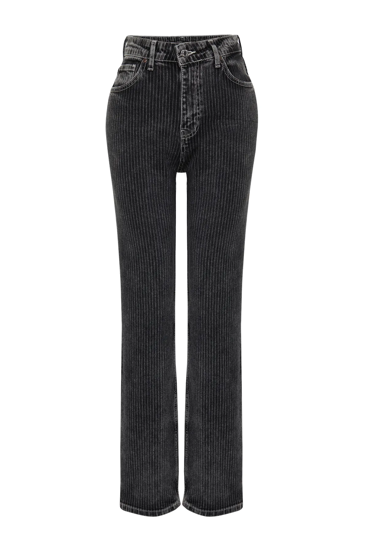 Trendyol Collection  Schwarz gestreifte, lange, gerade Jeans mit hoher Taille TWOSS24JE00046