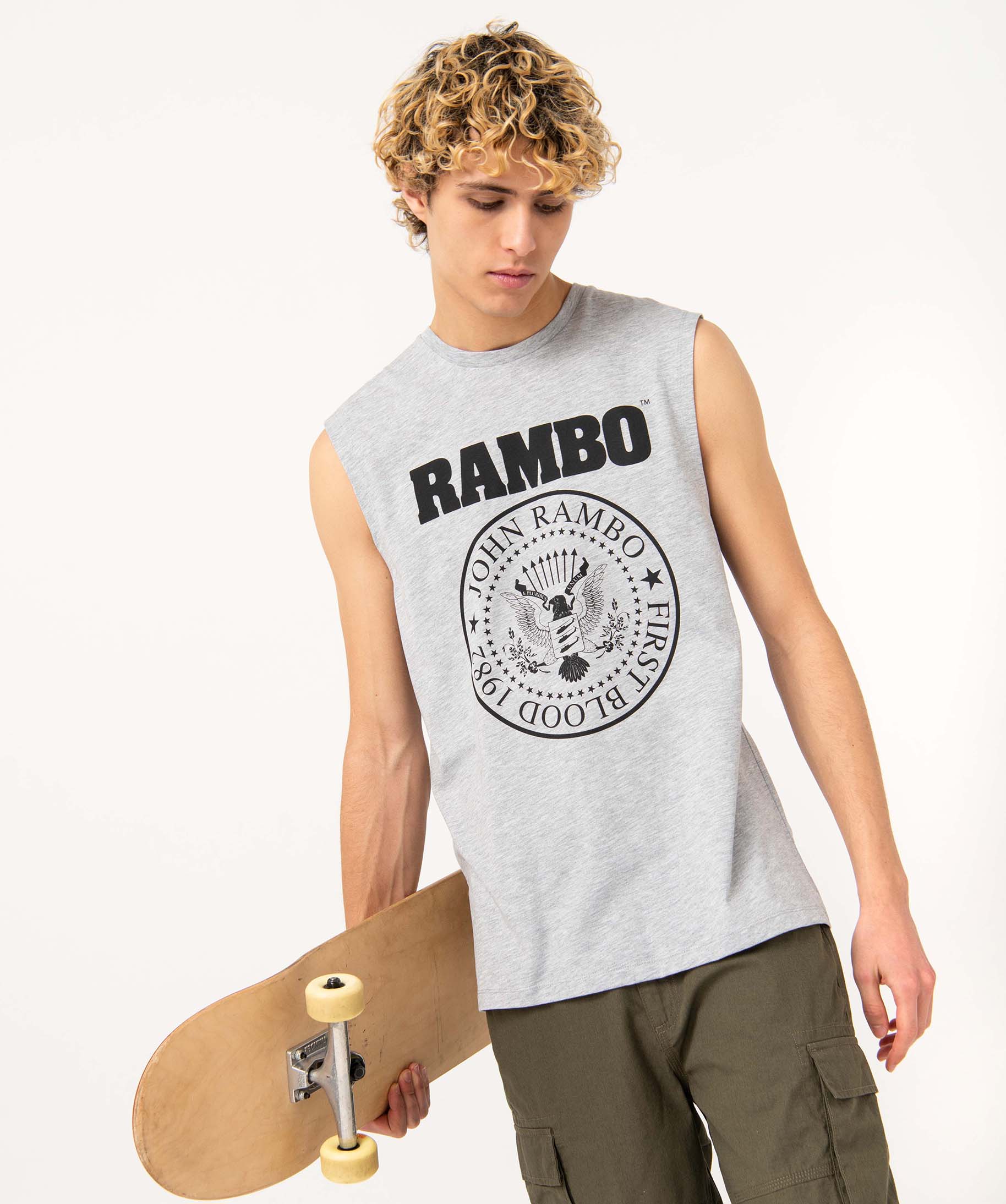 Tee-shirt homme sans manches imprimé - Rambo gris clair | GEMO