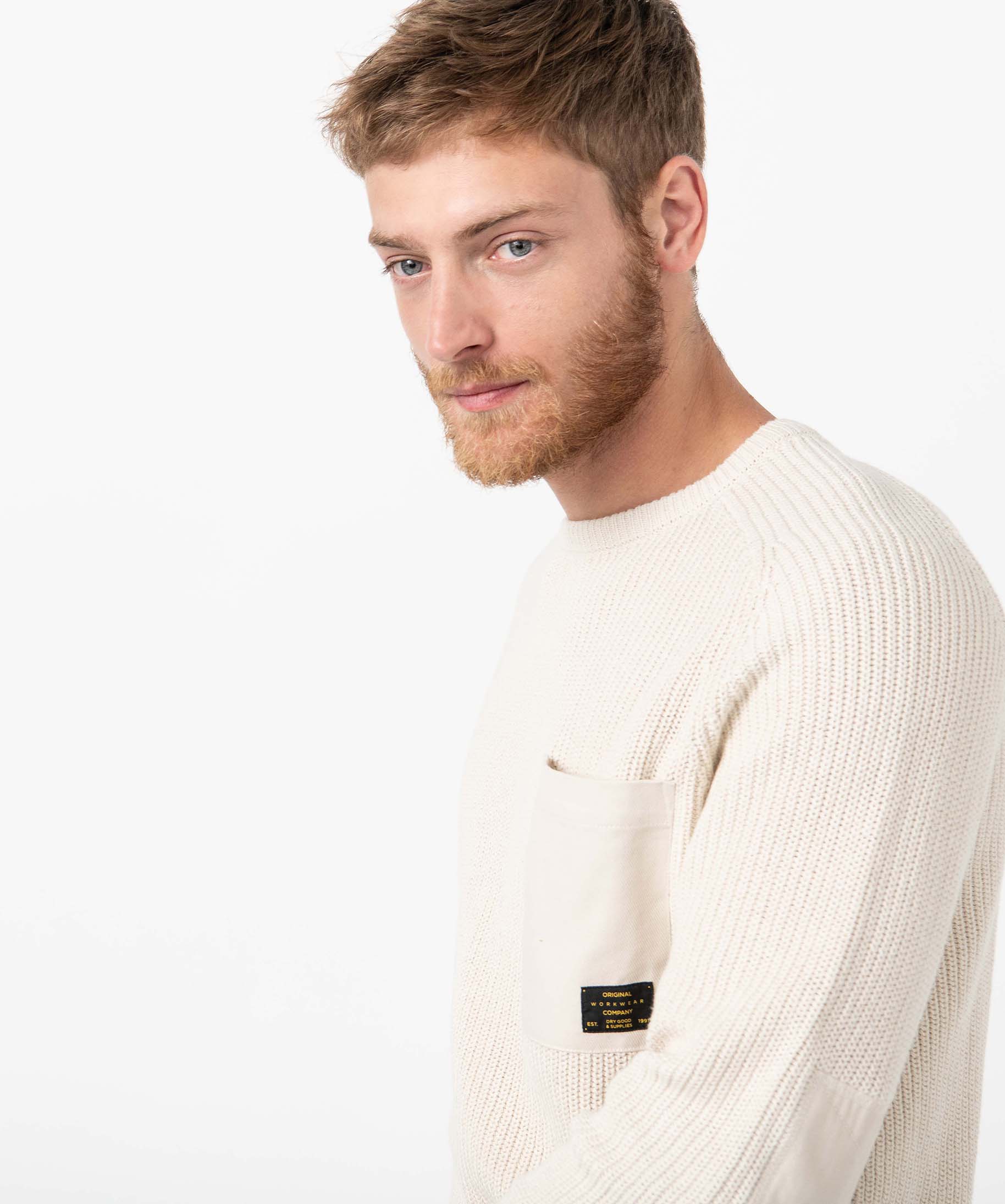 Pull homme uni en grosse maille avec empiècements ecru | GEMO