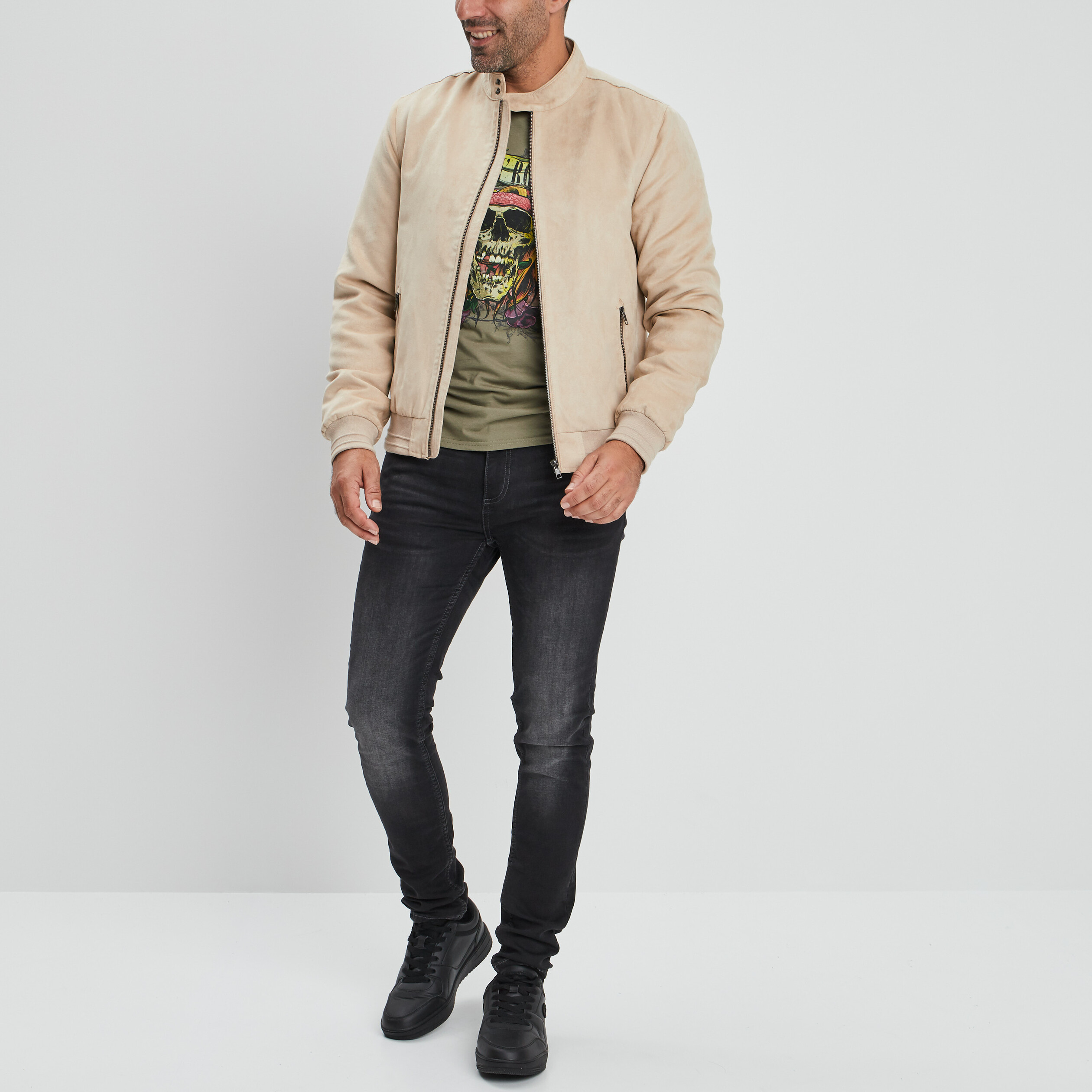 Blouson droit zippé aspect suédine beige homme | La Halle