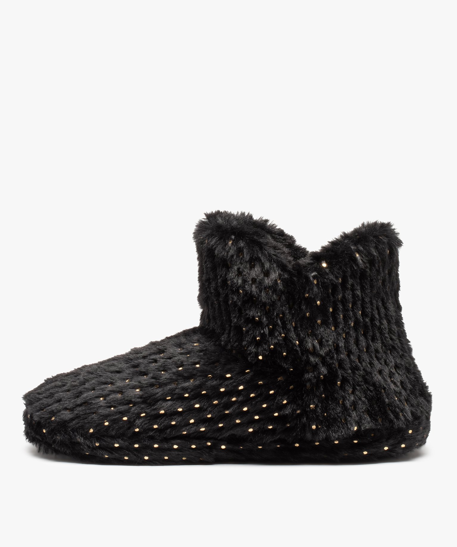 Chaussons femme boots en textile peluche à pois noir | GEMO