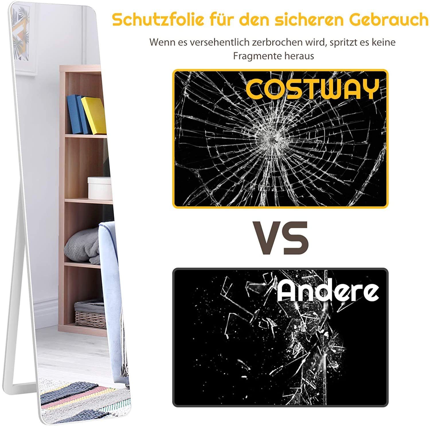 COSTWAY Standspiegel, Ganzkörperspiegel stehend/ Wandmontage, 160 x 37cm