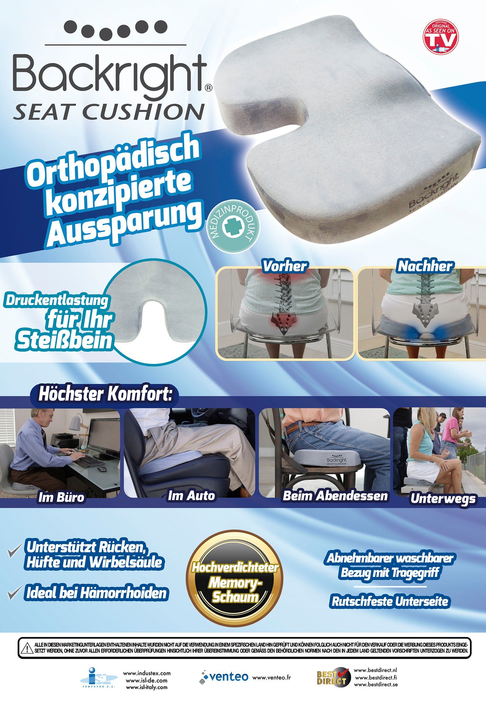 Best Direct® Sitzkissen Backright® Seat Cushion, Ergonomisch, Schmerzreduzierend, waschbar, 45x33cm