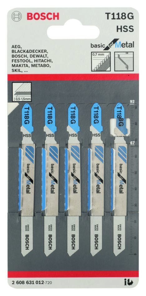 Bosch Blue Zubehör 2608631012 T118G Stichsägeblätter T-Schaft, 5 Stück, Metall