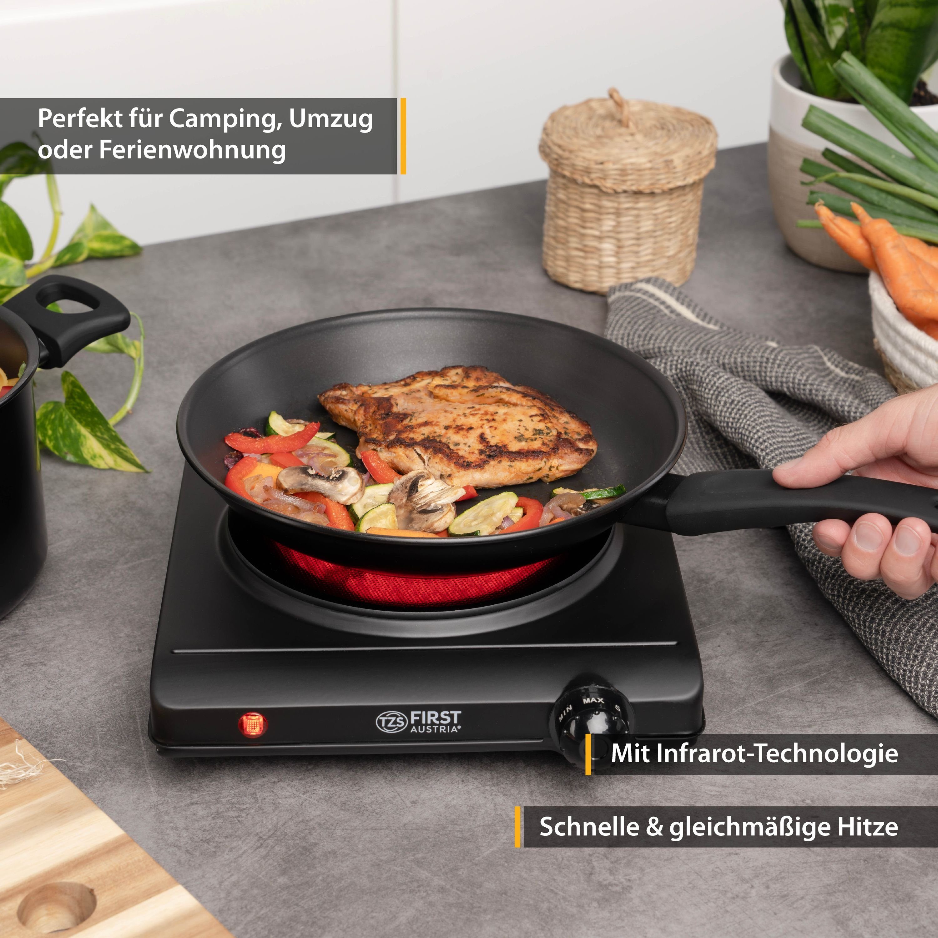 TZS FIRST AUSTRIA Einzelkochplatte Infrarot Kochplatte, 1250W, Keramik, stufenlose Temperaturregelung, Kochfeld Schwarz, Herdplatte für Camping
