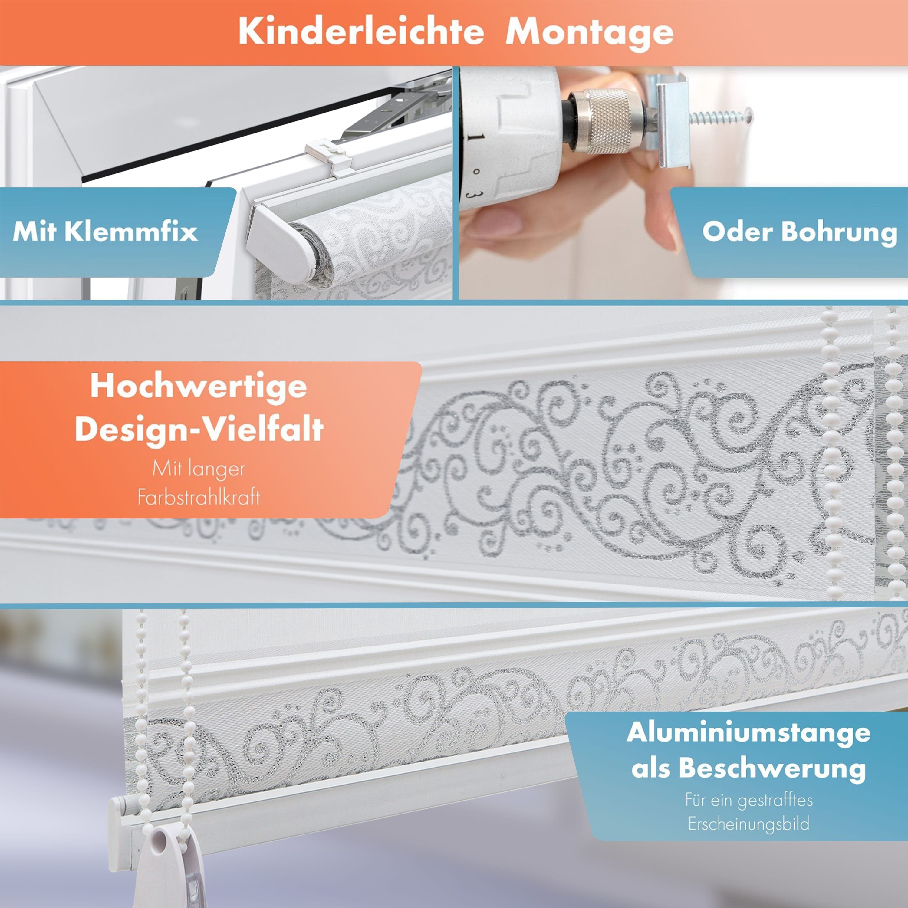 Doppelrollo mit Motiv, Duo Rollo, Fensterrollo, Klemmrollo, Bailena, Lichtschutz, ohne Bohren, freihängend, Klemmfix, gemustert, glitzernd, Rankenmuster, Blumenmuster