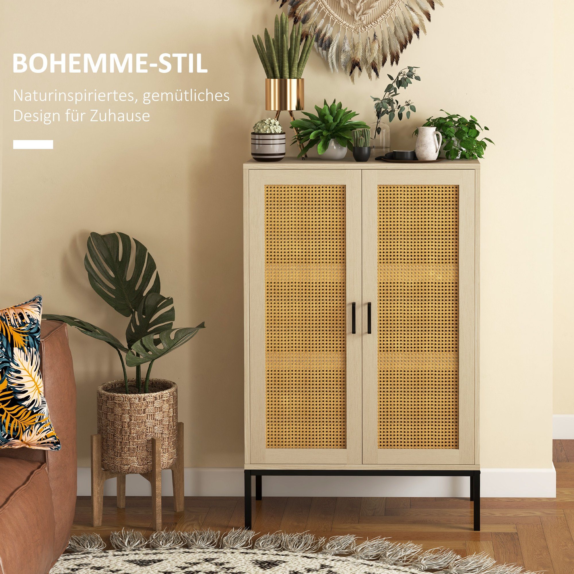 HOMCOM Highboard Aufbewahrungsschrank mit 3 Regalen, Doppeltür, für Wohnzimmer (Küchenschrank, 1 St., Sideboard), Kippsicheres Design