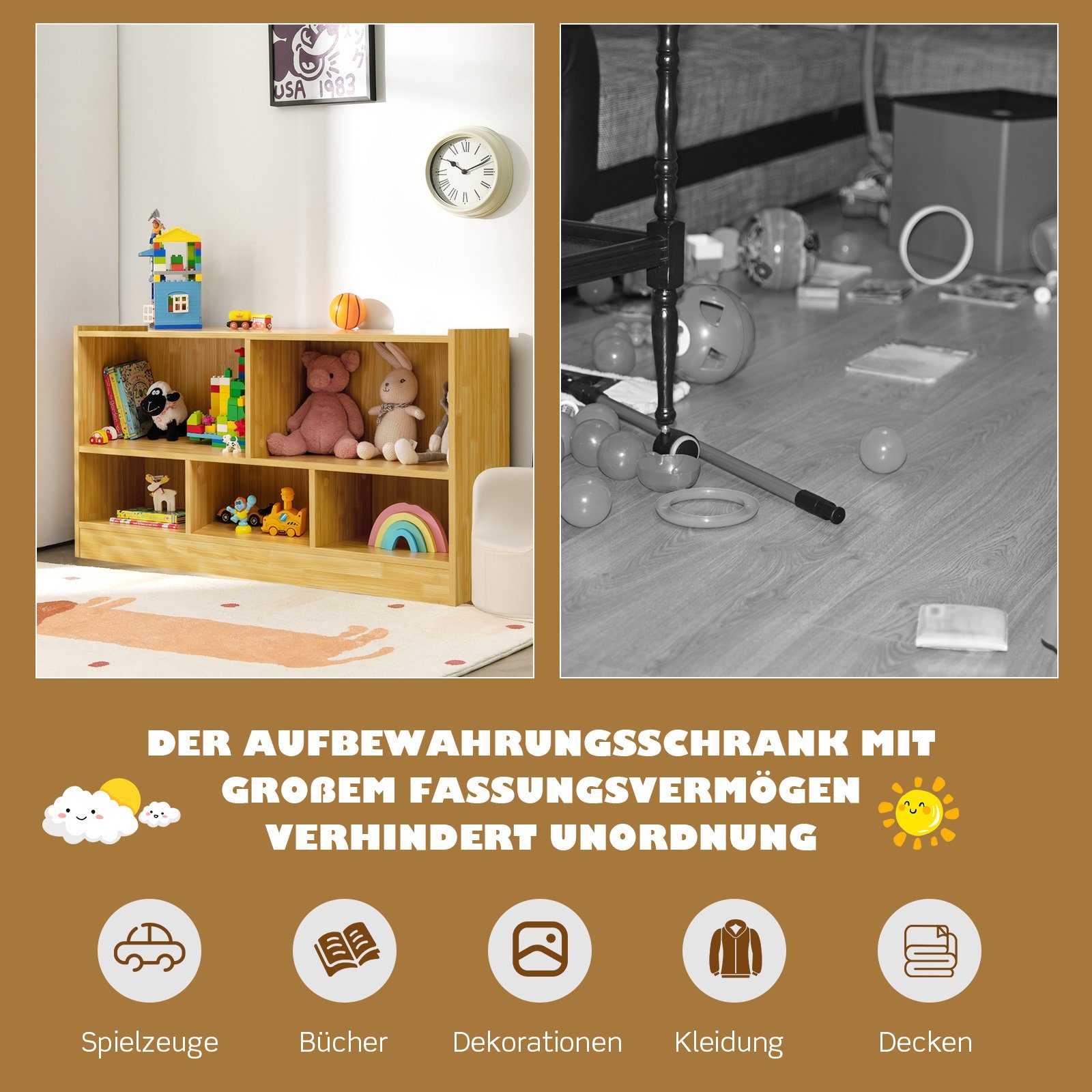 COSTWAY Bücherregal, Spielzeugschrank, 2 große Fächer & 3 kleine Fächer
