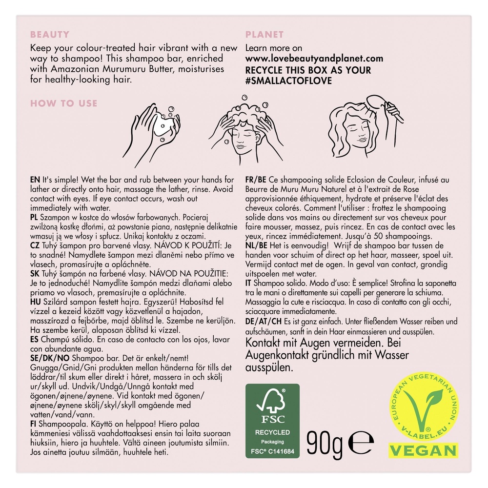 Love Beauty and Planet Shampooing Solide Éclosion de Couleur Muru Muru & Rose 90g Shampoing