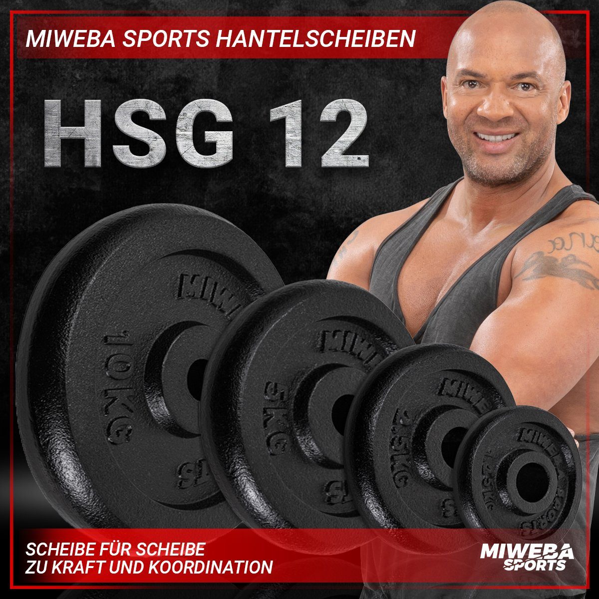 Miweba Sports Hantelscheibe Profi Gusseisen Hantelscheiben HSG - 1.25 - 10 kg, 5 kg, (4er-Set, Hantelscheibenset, Hantel Gewichte Set, Gewicht Scheiben, Muskelaufbau, Workout, Training, Ganzkörpertraining, 4-tlg., 4 x 1.25 kg, Ø 30mm, Gusseisen, 12.5